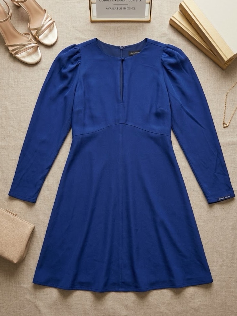 Blue Long-Sleeve A-Line Dress
